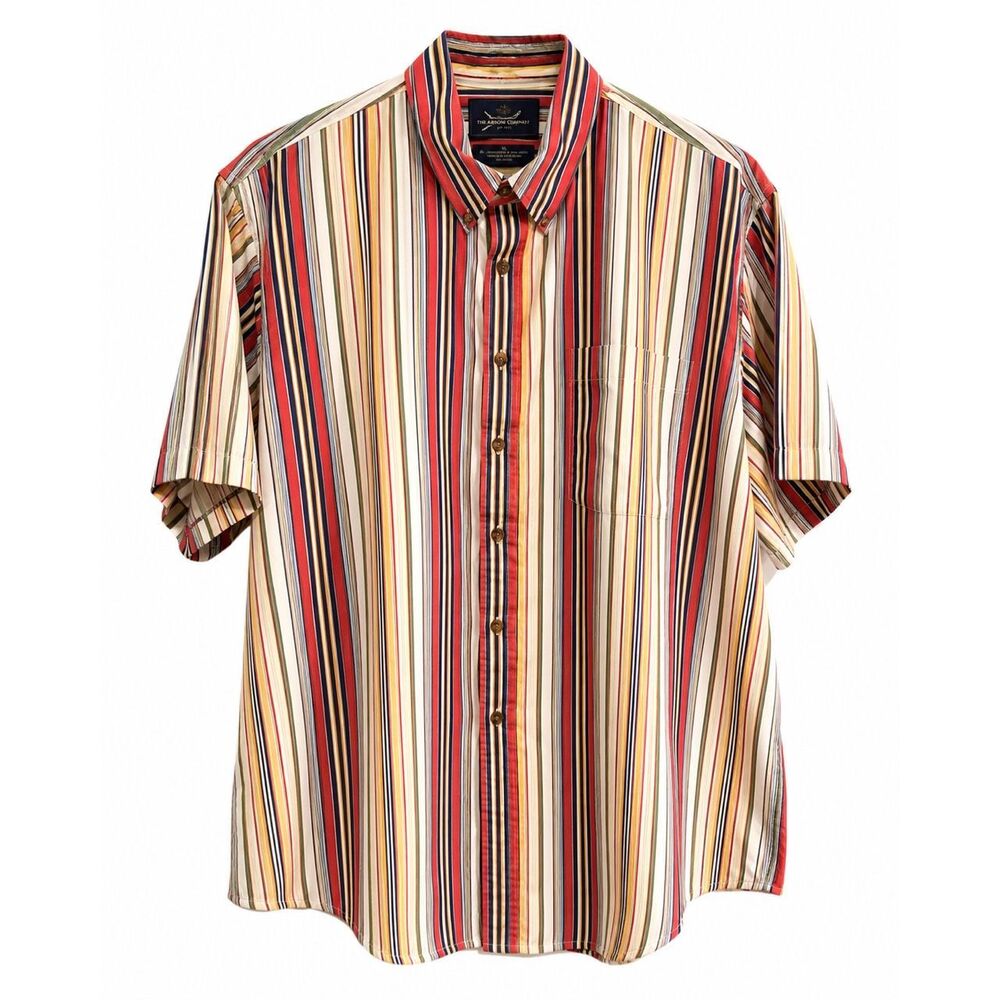 The Arrow Company XL Striped Button Down Shirt Red Blue Tan Short Sleeve Poly Co